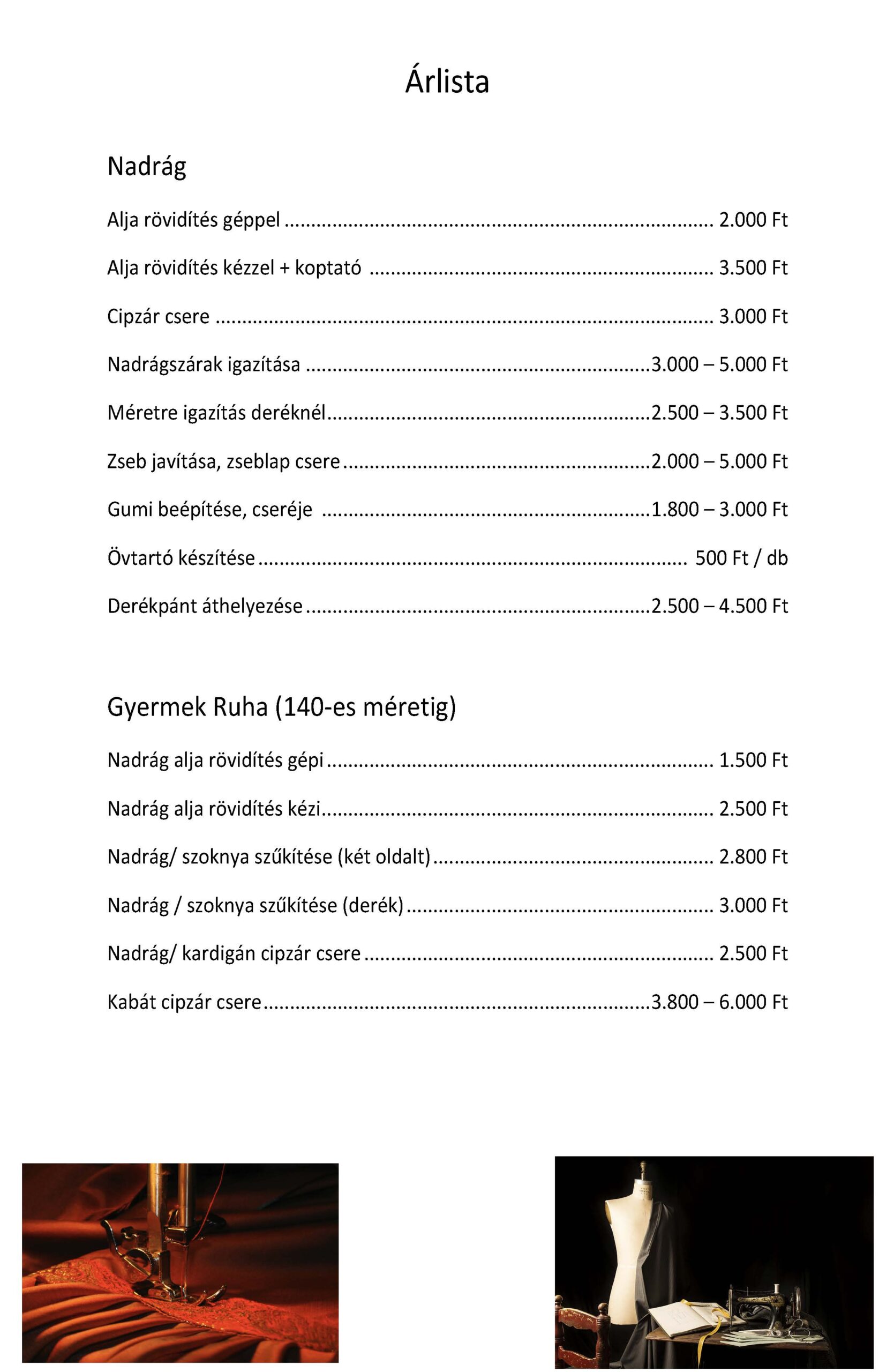 Árlista második oldala